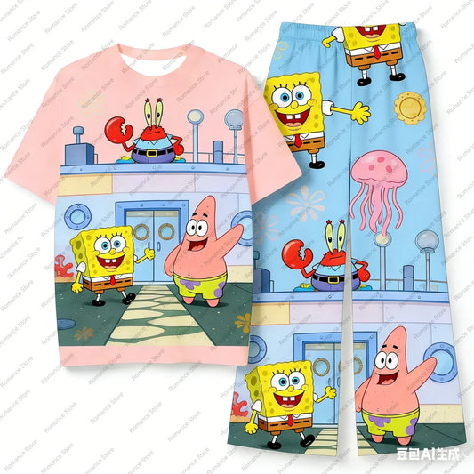 Pyjama court Bob l'Éponge : t-shirt rose et pantalon bleu